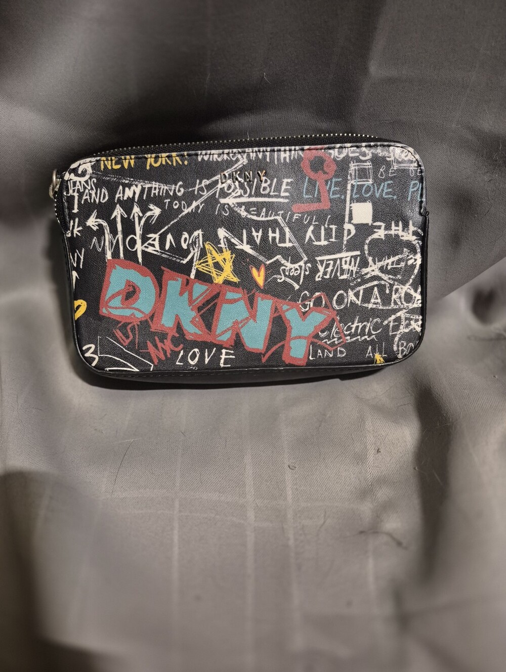 Dkny Black Graffiti Logo  3 Compartment Double Zip Graffiti Black
